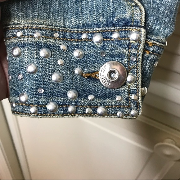 JouJou Jr Plus 2X Womens Denim Studded‎ Distressed Jacket Cropped Pockets Blue - Picture 8 of 16